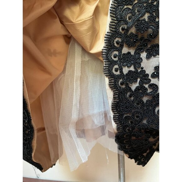 Mac Duggal Formal Dress Tea Length Champagne Taffeta Black Lace Trim Fit & Flare - Picture 12 of 16
